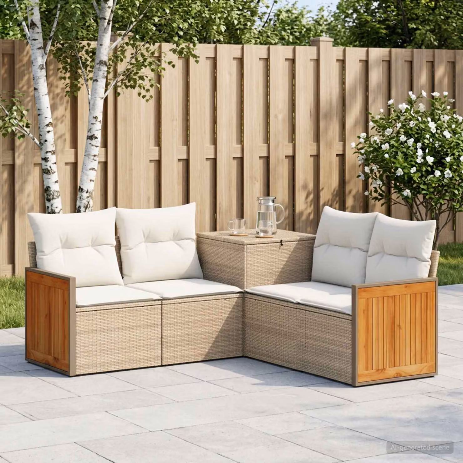 Set di divani da giardino vidaXL a forma di L, 5 pezzi, Beige e Bianco Crema, con struttura in acciaio e cuscini inclusi