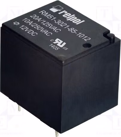 1 relè: elettromagnetico. Bobina: 12 VDC, 10 A / 250 VAC. Modello: RM51-3021-85-1012. Elettrico