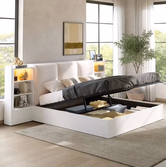 Letto a piattaforma 180x200 cm in MDF e compensato bianco con LED e contenitore –