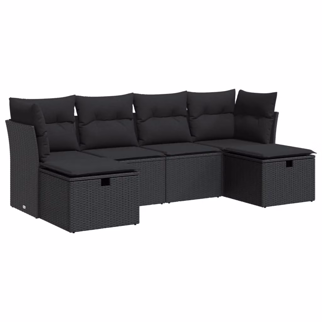 Set Divano da Giardino 6 pz con Cuscini Nero in Polyrattan