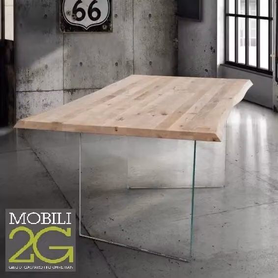 Tavolo fisso rettangolare in rovere massello e gambe in vetro Mobili 2G L: 160 cm, P: 90 cm, H: 78 cm