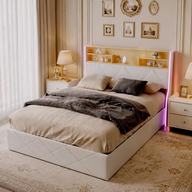 Letto con boxspring INONEFT, 160x200 cm, con sistema di sollevamento idraulico e spazio contenitore, dotato di USB e luci LED, imbottito con rete a doghe, letto matrimoniale, letto per ragazzi, rivestito in PU, colore bianco