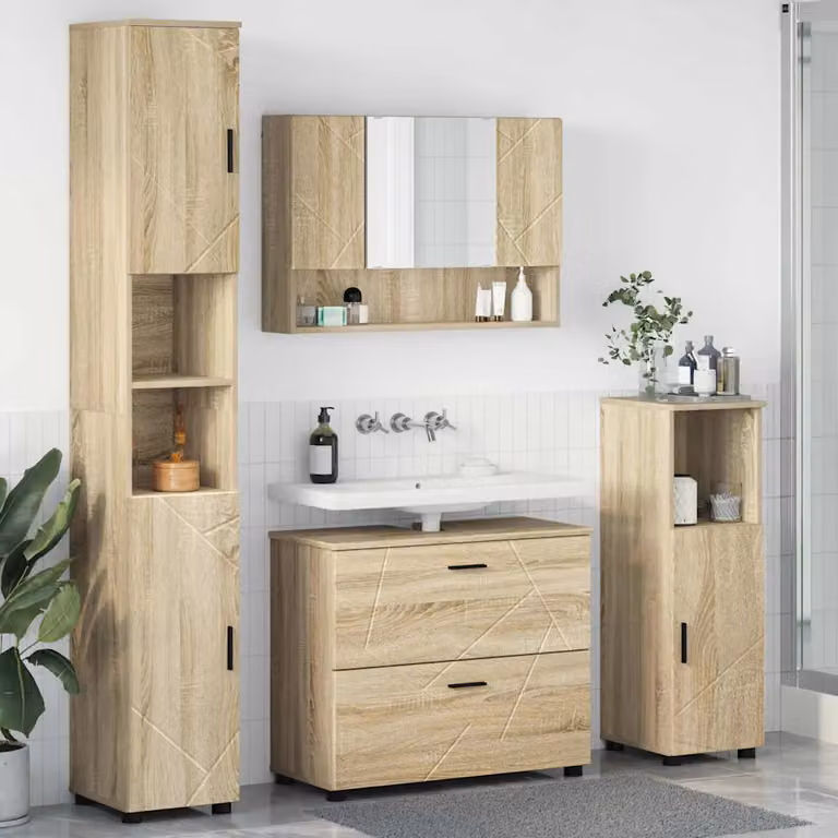 Set di mobili per il bagno vidaXL 4 pezzi marrone con base lavabo, pensile specchio, mobile laterale e colonna, L/P/H: 35 x 30 x 192 cm