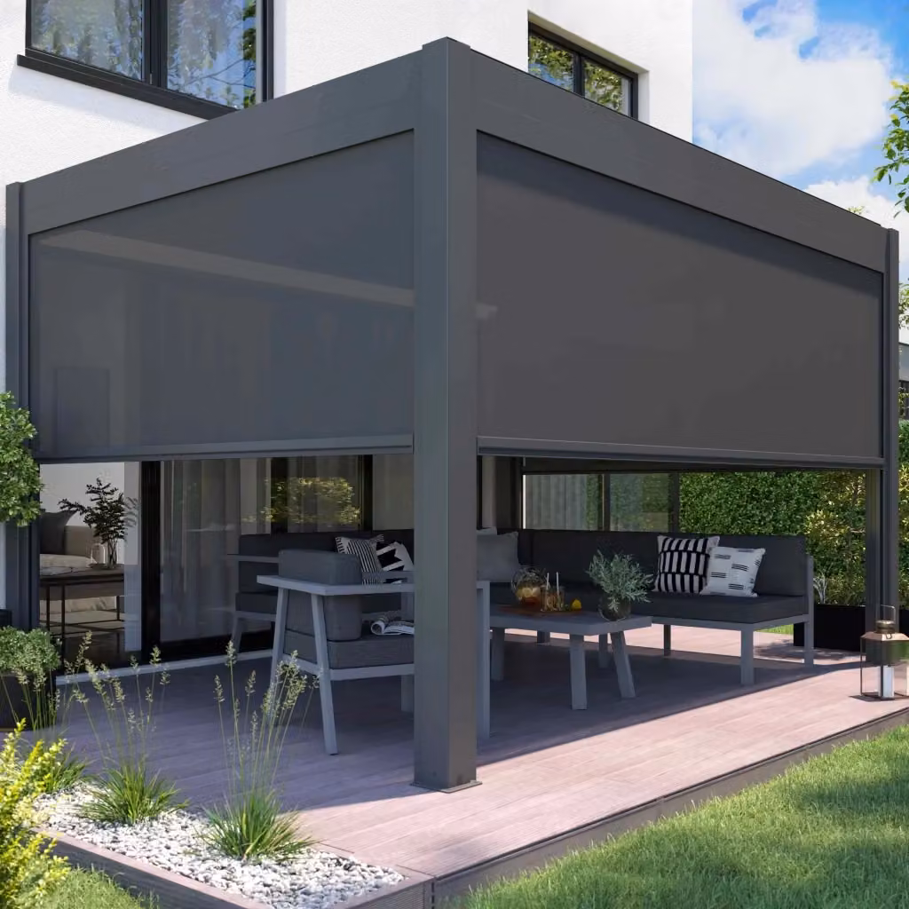 Pergola bioclimatica autoportante e illuminata Oviala con tenda, colore antracite, L: 4 m, P: 3 m – 2