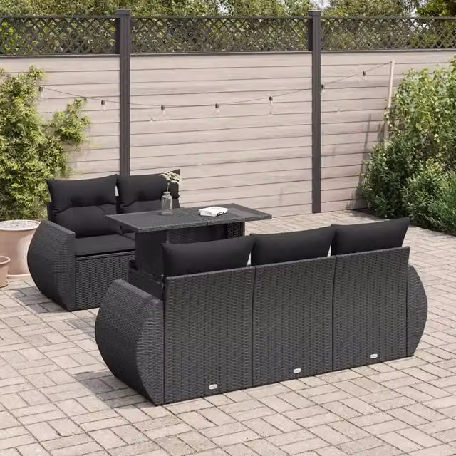 Set Divano da Giardino 6 pz con Cuscini Nero in Polyrattan 3326566