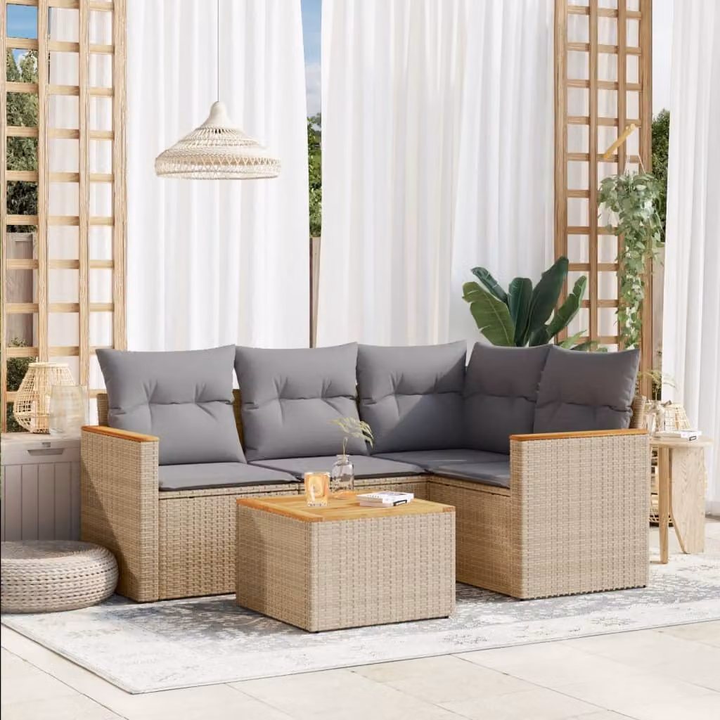 vidaXL Set Divano da Giardino 5 pz a L con Cuscini Beige in Polyrattan e Tavolino da Caffè – 1