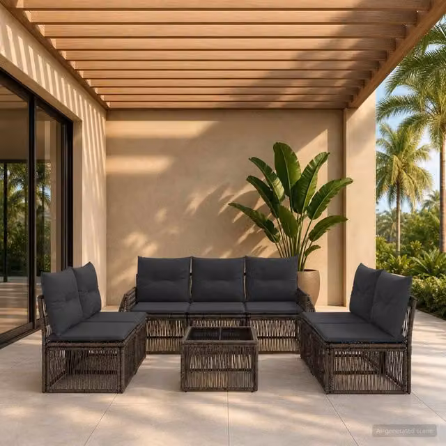 Set Divano da Giardino a Forma a U vidaXL 8 Pezzi in Polyrattan Grigio e Antracite con Tavolino e Cuscini – 1