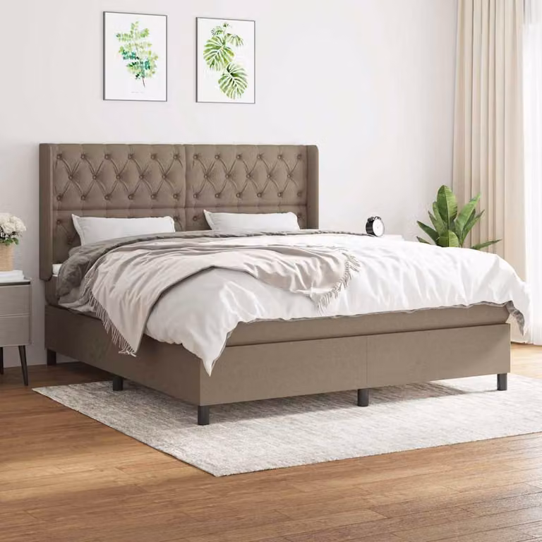 vidaXL Giroletto a Molle con Materasso in Tessuto Beige e Bianco L/P/H: 160 x 200 x 128 cm