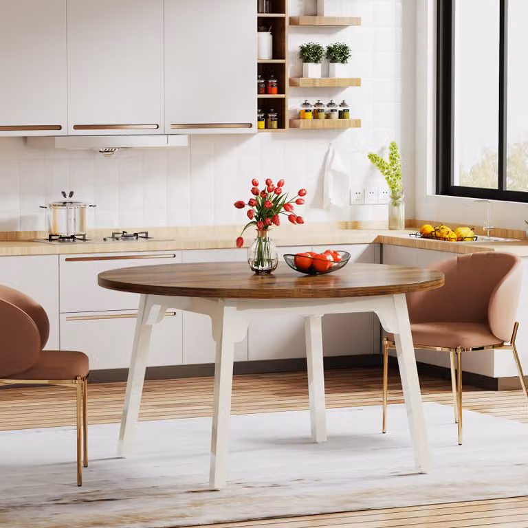 Tribesigns Tavolo da pranzo rotondo per 4-6 persone, 120 x 75 cm, tavolo da pranzo rotondo con gambe in legno massiccio, tavolo moderno in legno per sala da pranzo, casa, marrone e bianco