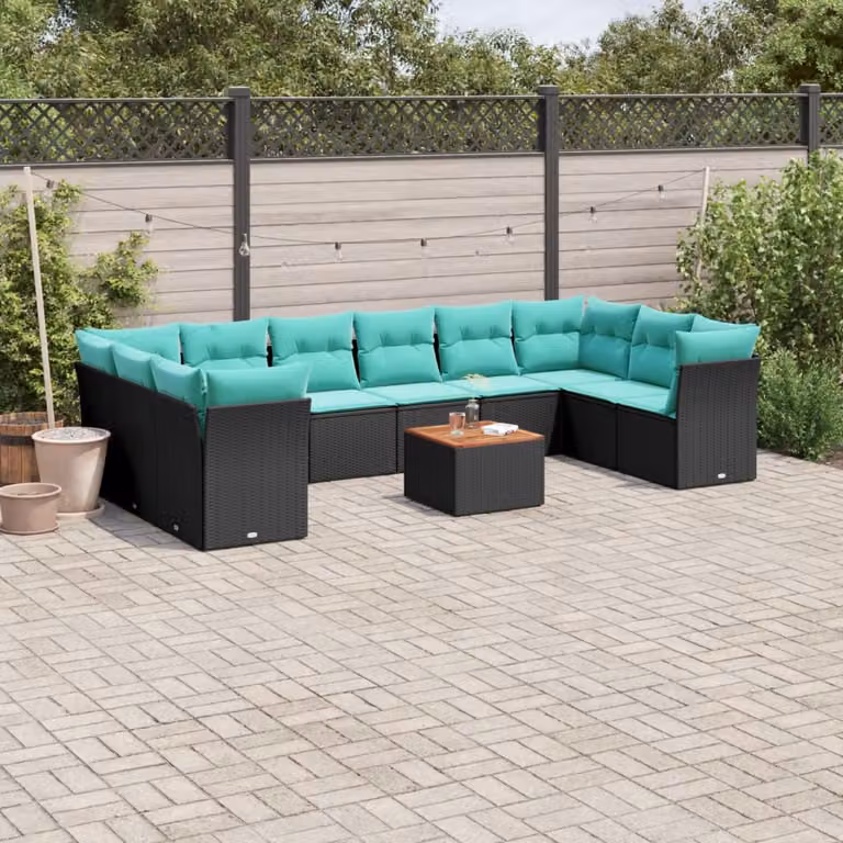 Set Divani da Giardino vidaXL 11 pz in Polyrattan Nero con Cuscini e Tavolino da Esterno