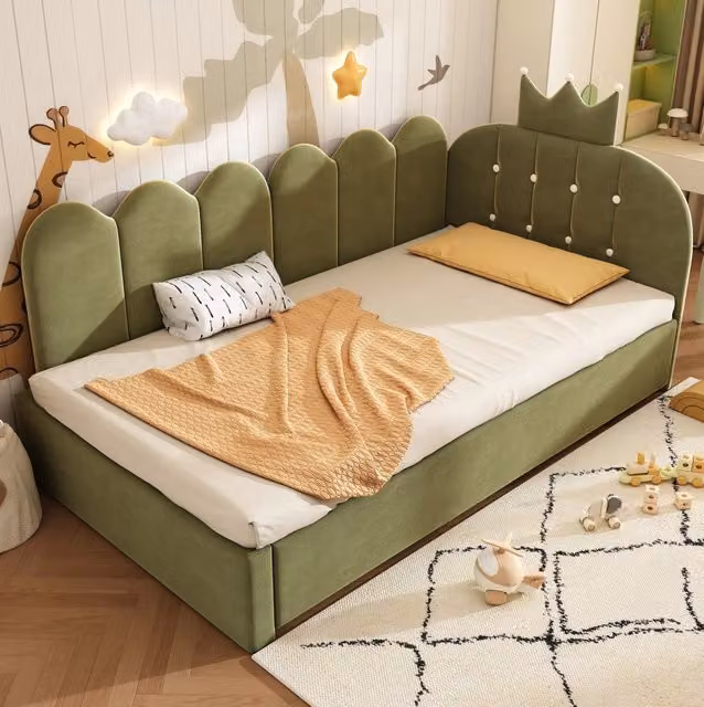 Letto singolo 90x200 cm verde in velluto con letto estraibile 90x190 cm, senza materasso
