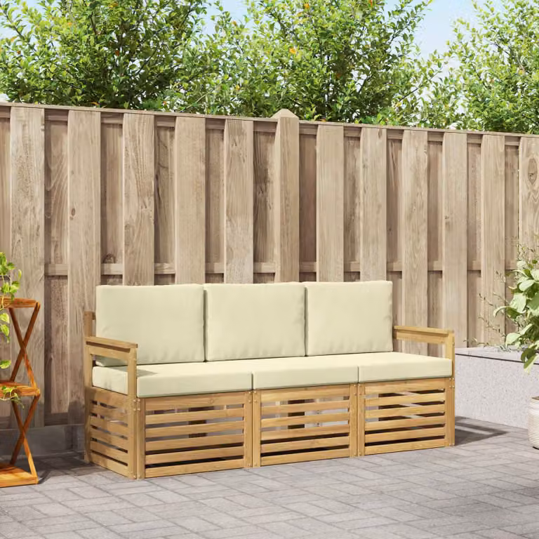 Set di divani da esterno vidaXL in legno di acacia con cuscini, Bianco e Beige