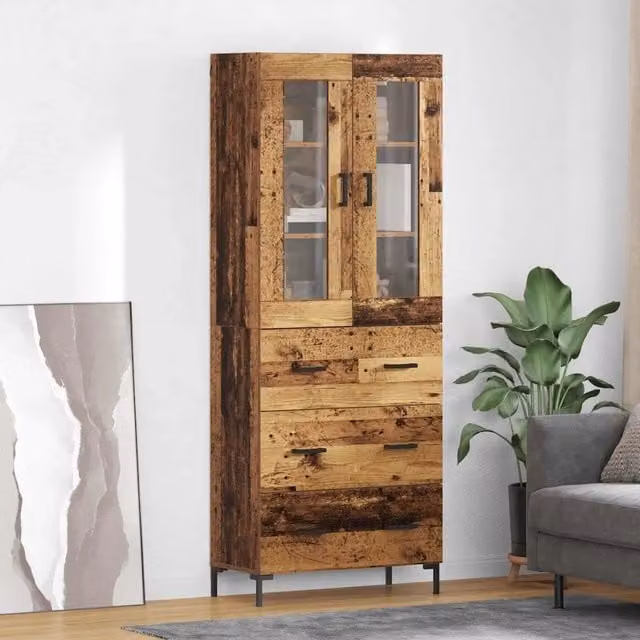 Credenza con cassetto 2 pz-Set di 2 Buffet-Armadio da cucina Legno vecchio 69,5 x 34 x 180 cm 250672