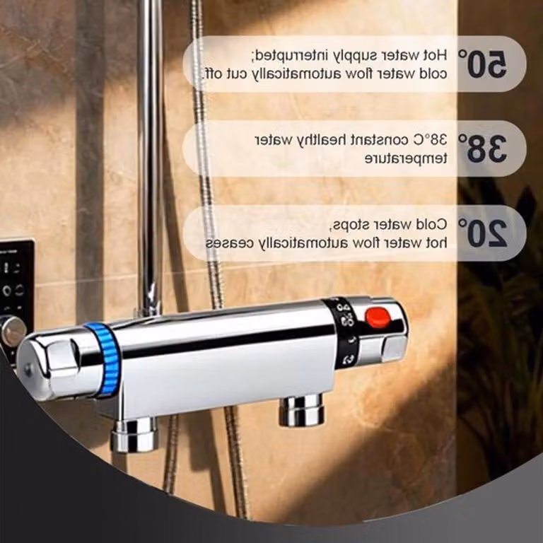 Miscelatore doccia termostatico con controllo preciso del flusso, risparmio idrico e pulsante di sicurezza a 38°C per un comfort ottimale