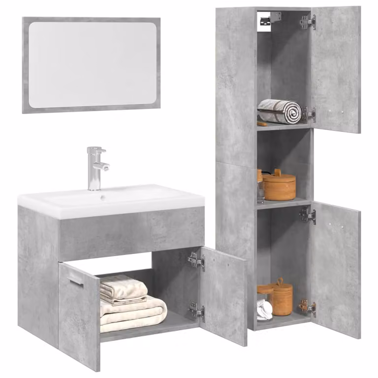 Set di mobili da bagno vidaXL 3 pezzi in legno e vetro, colore grigio, composto da mobile lavabo, pensile e armadietto con specchio, design moderno a parete