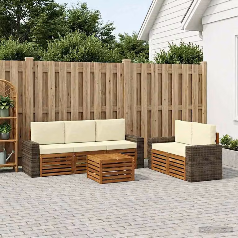 Set di divani da esterno vidaXL 6 pezzi in legno di acacia con cuscini beige e bianco