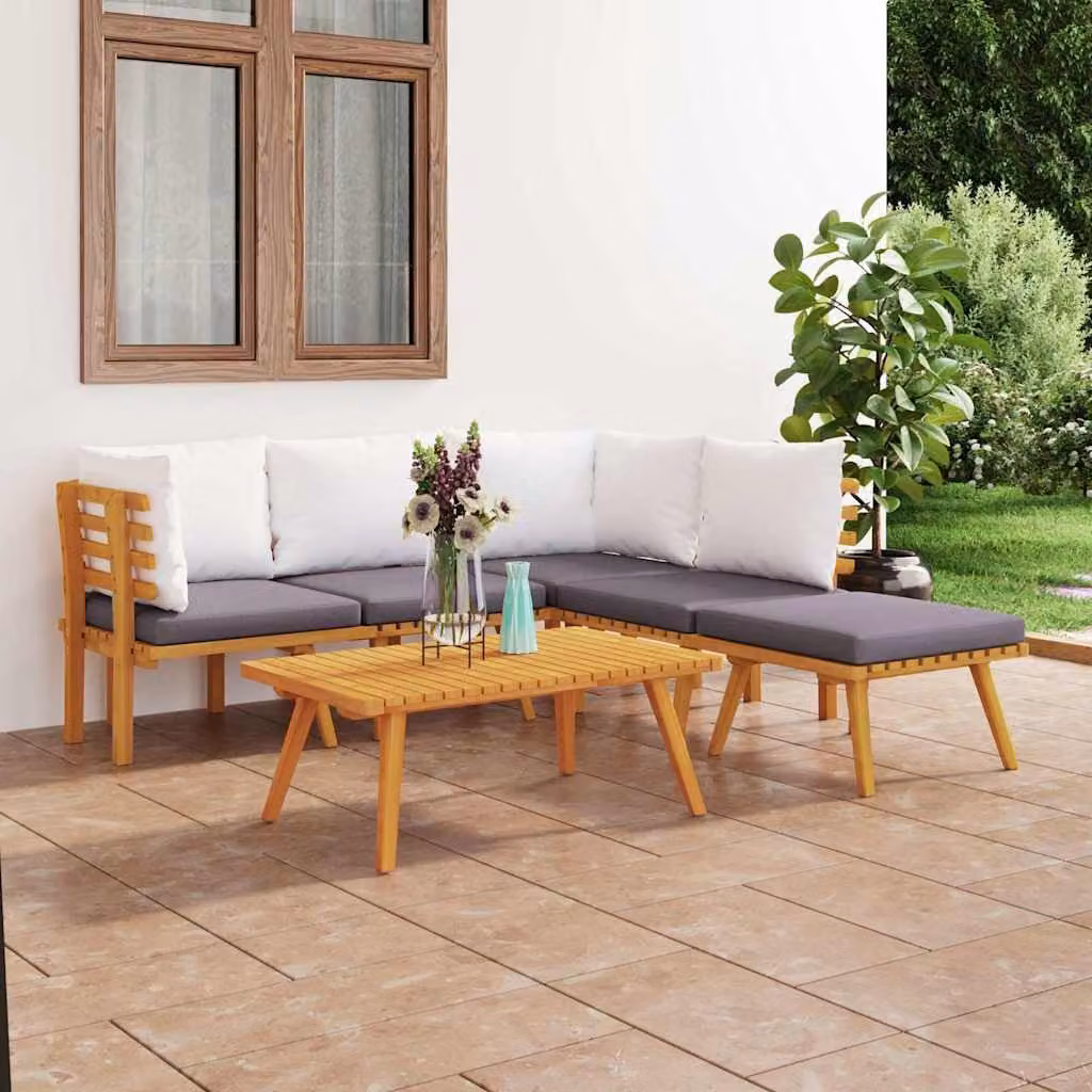 Set di divani da giardino vidaXL in legno massello di acacia con cuscini, composizione a L con pouf e tavolino, marrone, 6 pezzi