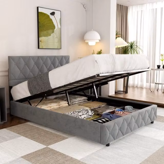 Letto contenitore 140x200 cm con testiera capitonné; rete in legno e metallo; velluto grigio chiaro