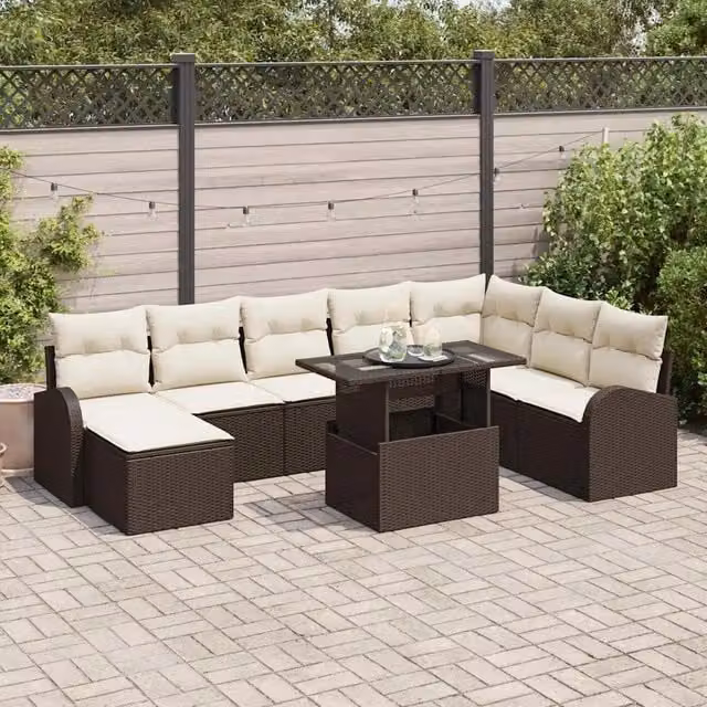 Set Divano da Giardino 9 pz Marrone e Crema polyrattan 3348694