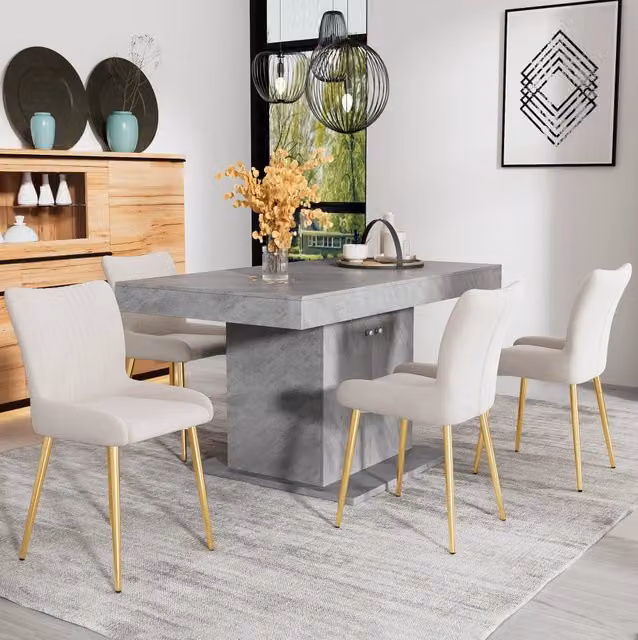 Set di 4 sedie da pranzo in velluto con gambe in metallo; beige e oro