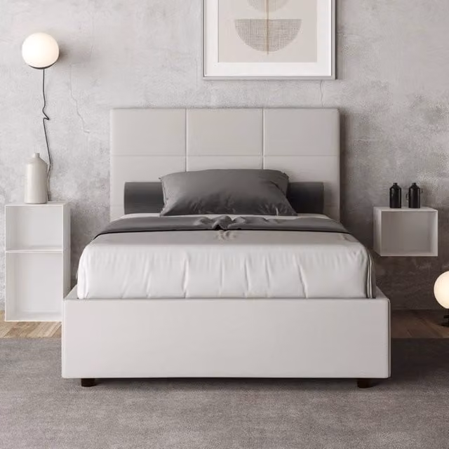 Letto imbottito Piazza e mezzo 130x200 cm Mika - Bianco,Similpelle,Contenitore