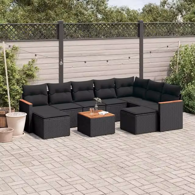 Set Divani da Giardino 10pz con Cuscini in Polyrattan Nero 3258947