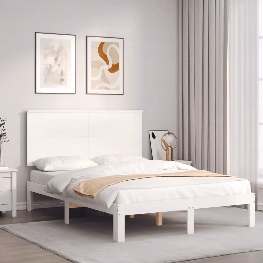 Letto matrimoniale Small Double in legno massello di pino bianco con testiera e doghe fisse L/P/H: 120 x 200 x 82,5 cm – 2