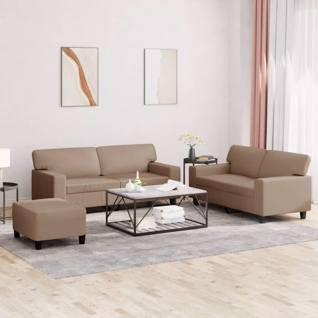 Set di divani 3 pezzi vidaXL in similpelle beige e marrone con pouf e cuscini per soggiorno moderno – 1