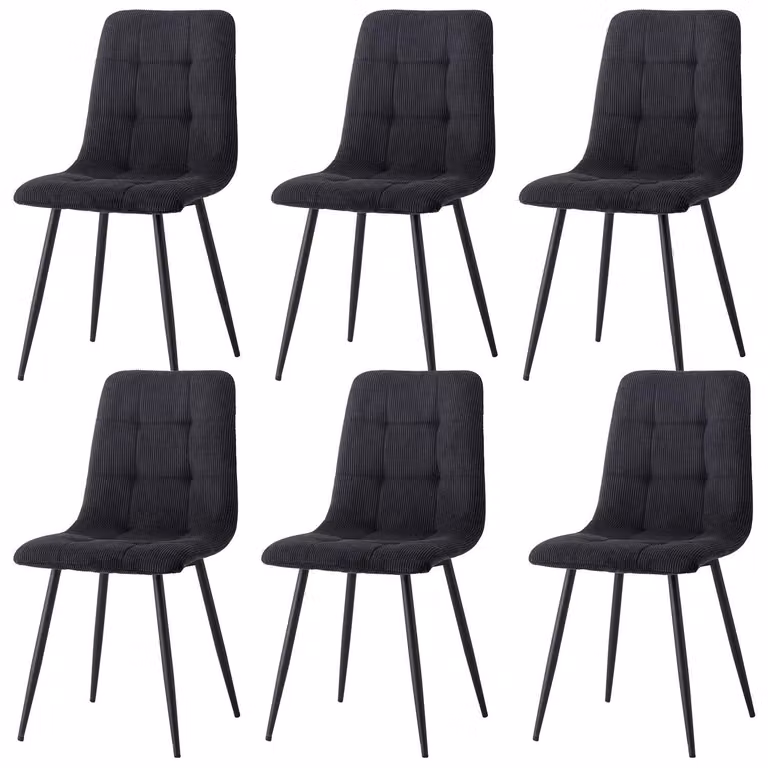 Sedie da pranzo - Set da 6 - Rivestite in velluto a coste - Imbottite - Gambe in metallo - Design moderno - Da montare - Nero