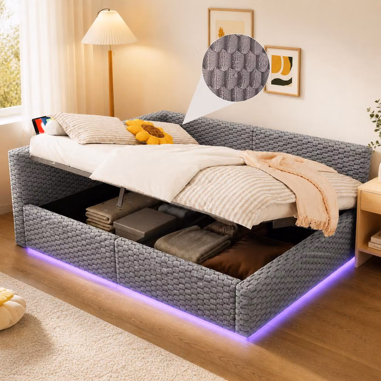 Divano letto Flieks 140x200 cm con LED e prese di ricarica, letto imbottito idraulico con contenitore, divano letto matrimoniale con schienale, velluto, grigio
