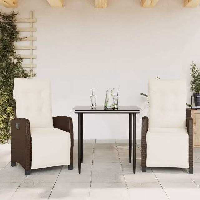 Set da Pranzo da Giardino 3pz con Cuscini in Polyrattan Marrone 3212974