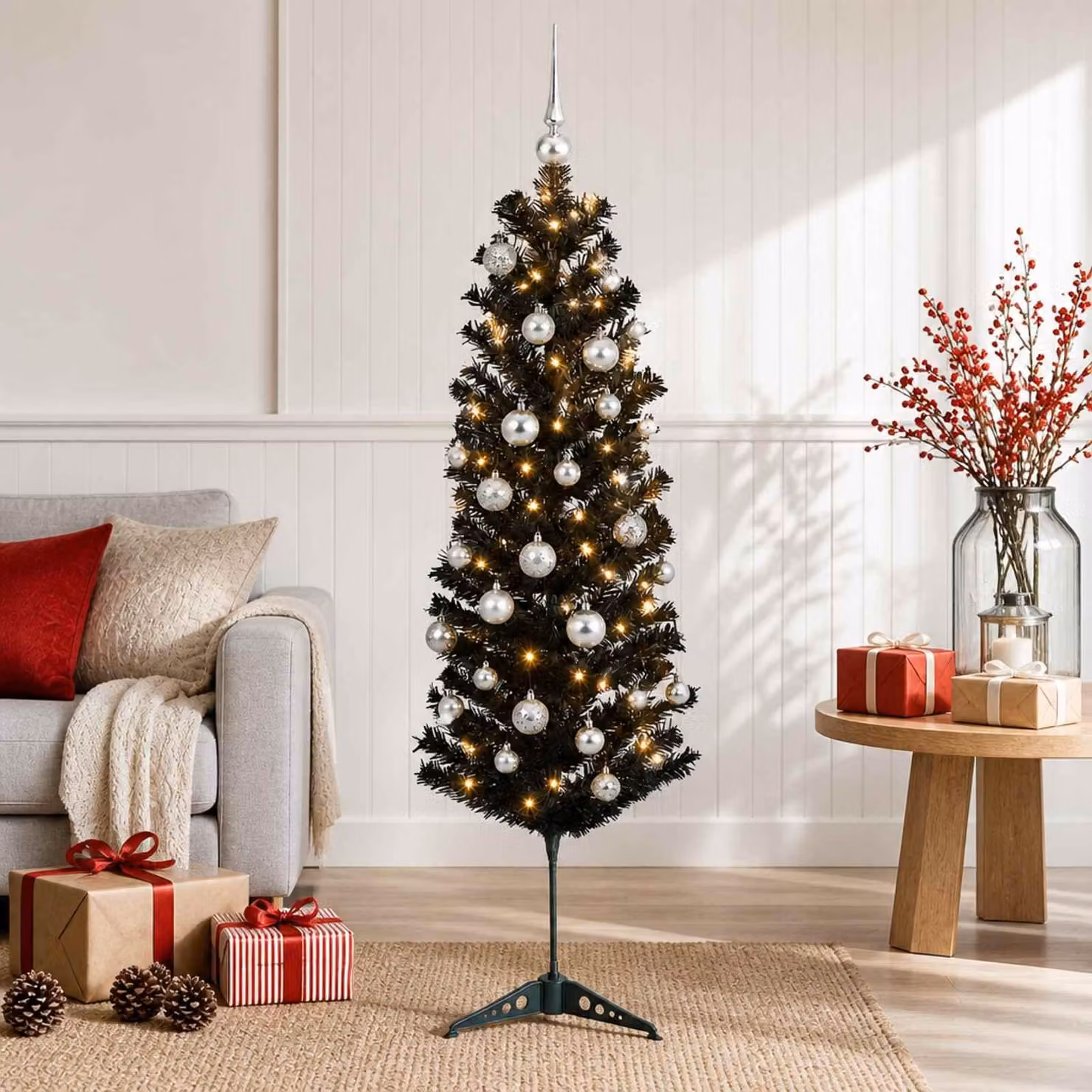 Albero di Natale artificiale, sottile, con decorazioni a forma di pallina, altezza 150 cm