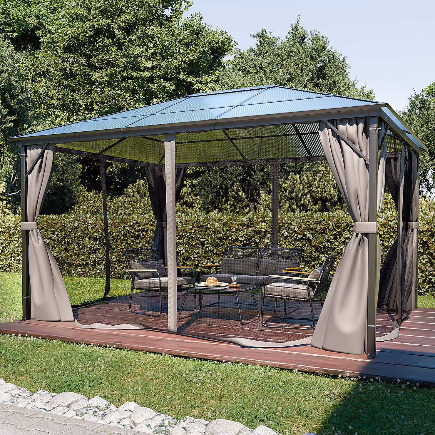 Gazebo GARMIO® 3x4m con tetto in policarbonato e zanzariera, parti laterali impermeabili in antracite, con struttura in metallo e telaio in alluminio, per uso esterno