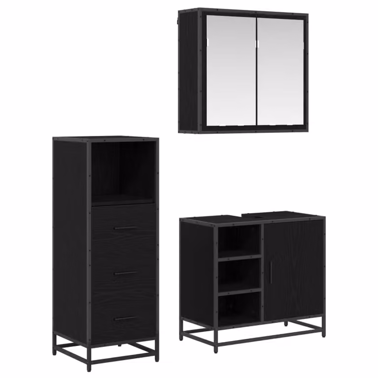 Set di mobili per il bagno moderno vidaXL in 3 pezzi, colore nero e rovere, con armadietto a specchio, mobile lavabo e pensile, L/P/H: 65 x 33 x 60 cm