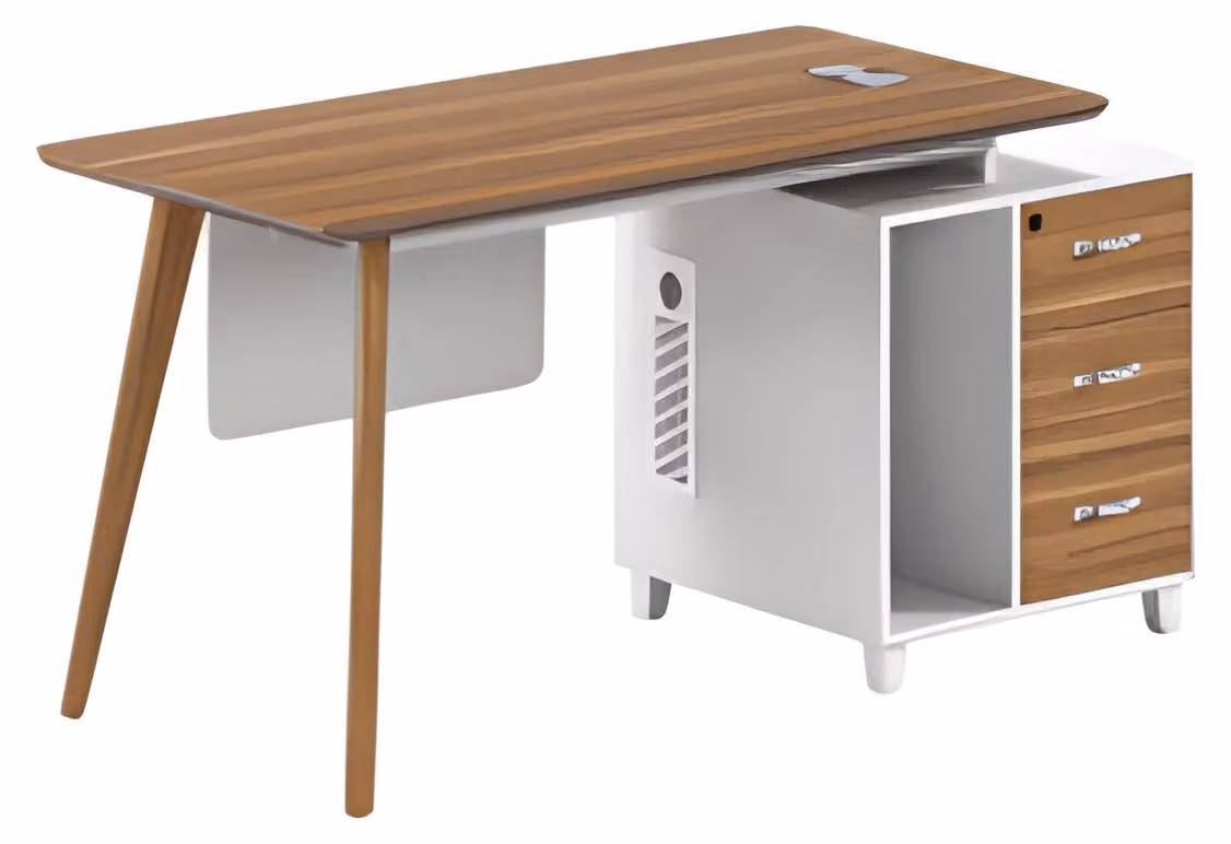 Moderner Schreibtisch aus Holz und Weiß mit Stauraum und eleganten Holzbeinen