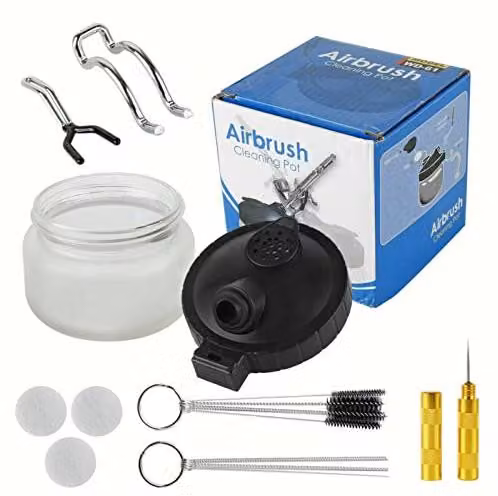 Kit per la pulizia dell'aerografo, completo di becher in vetro, spazzole e aghi