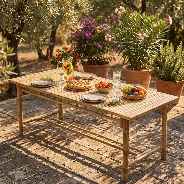 Milani Home - tavolo da giardino, bamboo naturale, 6 posti, marrone chiaro, piano 200 x 80 cm