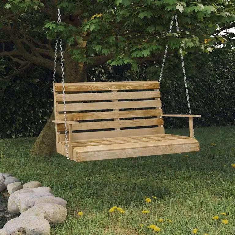 Panchina a dondolo vidaXL in legno di pino trattato con cuscini inclusi, stile rustico, disponibile in verde o marrone