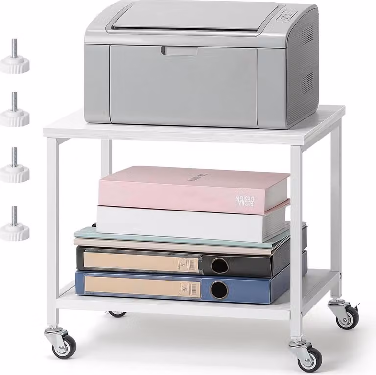 Supporto per stampante bianco a 2 livelli con rotelle 42x30x35cm per ufficio casa scuola