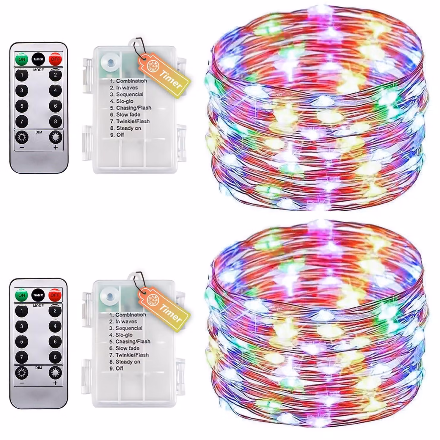 Set di due catene luminose, lunghezza 10 metri, 100 LED, con timer, telecomando e grado di protezione IP65