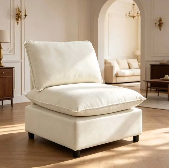 Poltrona 74x85x78 cm in tela beige, seduta ampia per soggiorno, salvaspazio –
