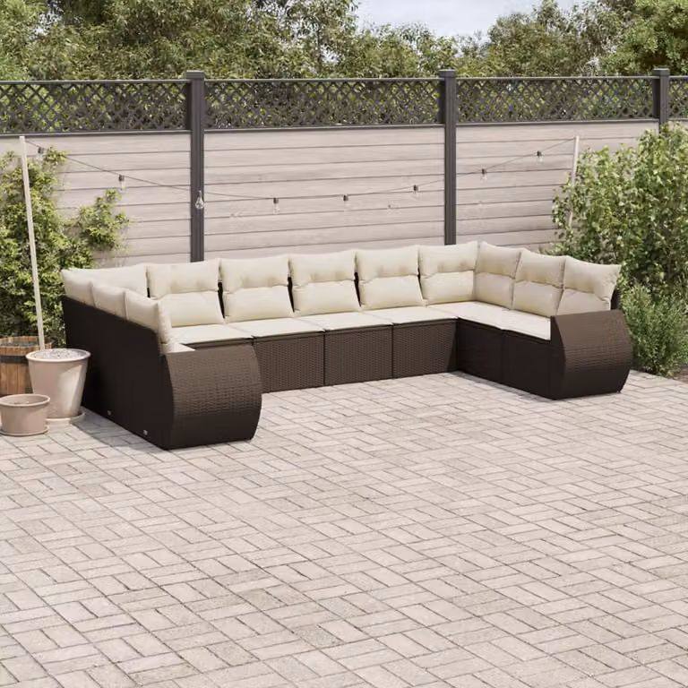 vidaXL Set Divani da Giardino 10 Pezzi in Polyrattan Marrone con Cuscini e Struttura in Acciaio Verniciato a Polvere
