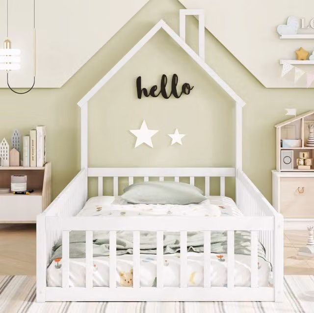 Letto a casetta 90x200 cm bianco – tetto a camino e sponde, senza materasso