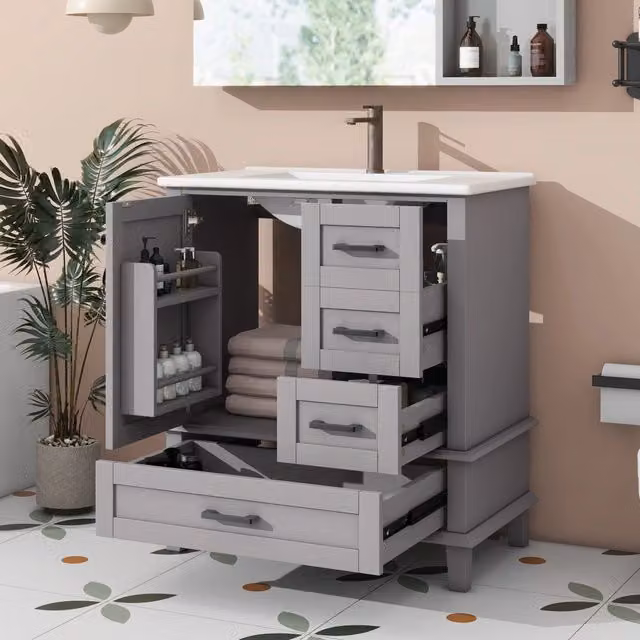 Mobile bagno a terra con lavabo; grigio 76x46x83;5 cm; 3 ante e 1 cassetto