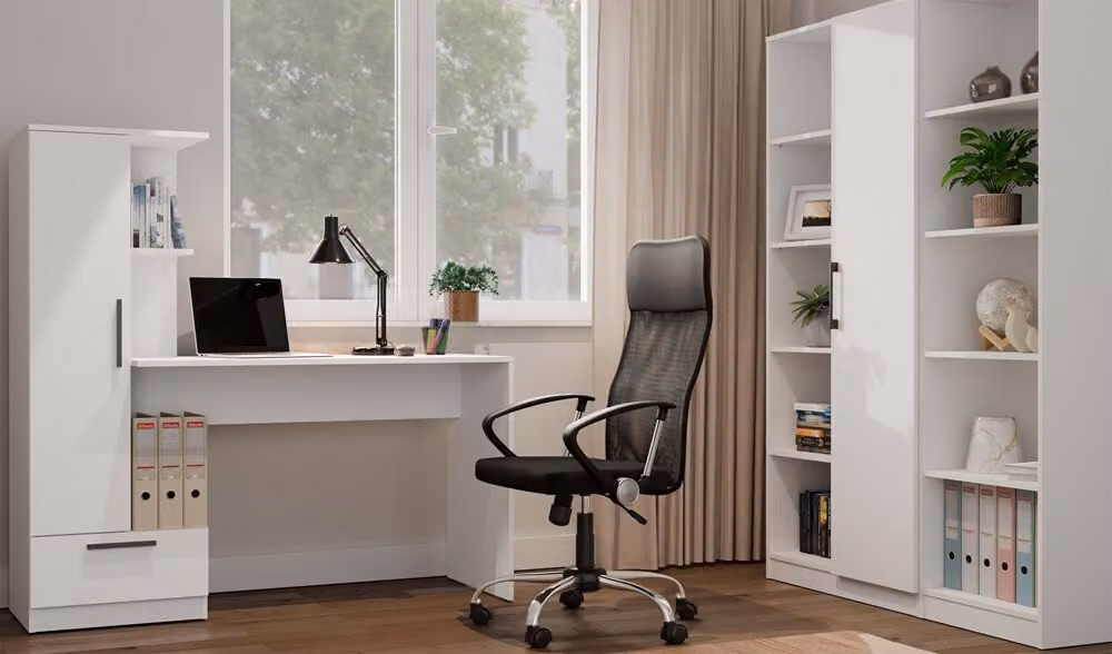 Scrivania moderna Cosmo con scaffale integrato e spazio contenitivo
