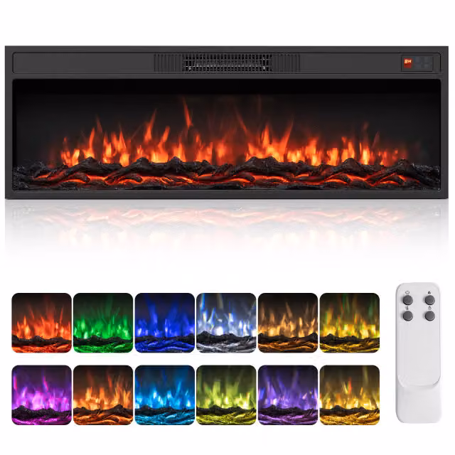 Camino elettrico da incasso Costway con effetto fiamma, riscaldante con 12 colori e 3 livelli di luminosità, colore nero, L 95 x P 35 x H 36,5 cm