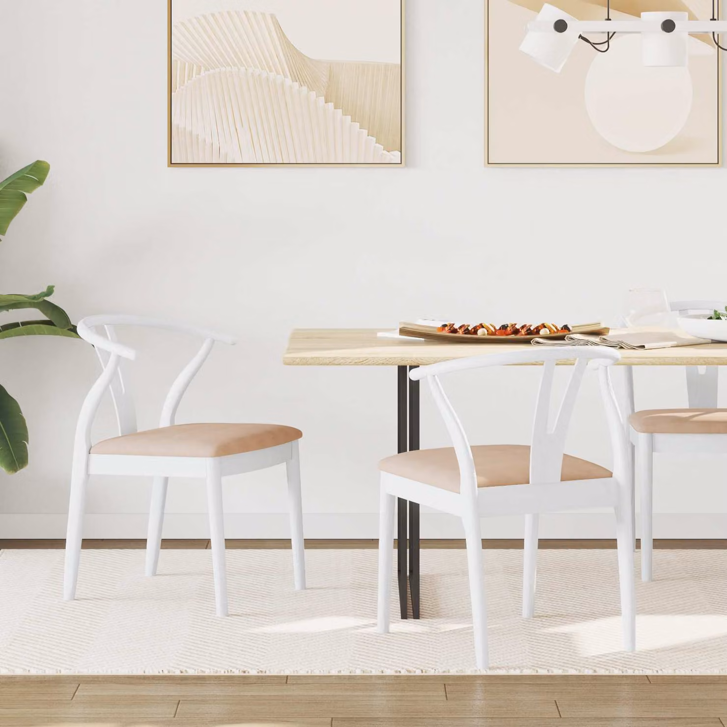 Set di 2 sedie da pranzo vidaXL in legno di gomma bianco e marrone con seduta in tessuto