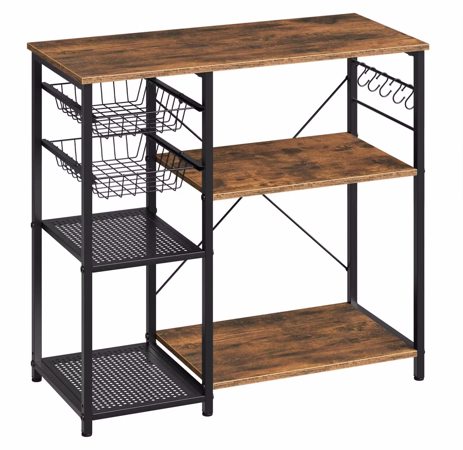 Ripiano per cucina - Ripiano per microonde - 2 cesti - 5 ganci - Larghezza 90 cm - Pannello di fibra a media densità (MDF) - Assemblaggio richiesto - Marrone/nero rustico