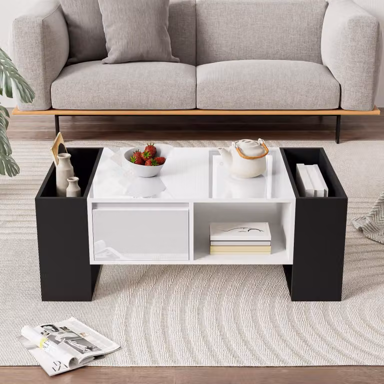 Tavolino moderno e lucido con cassetto - Design bianco e nero - Cassetto e 4 vani a giorno