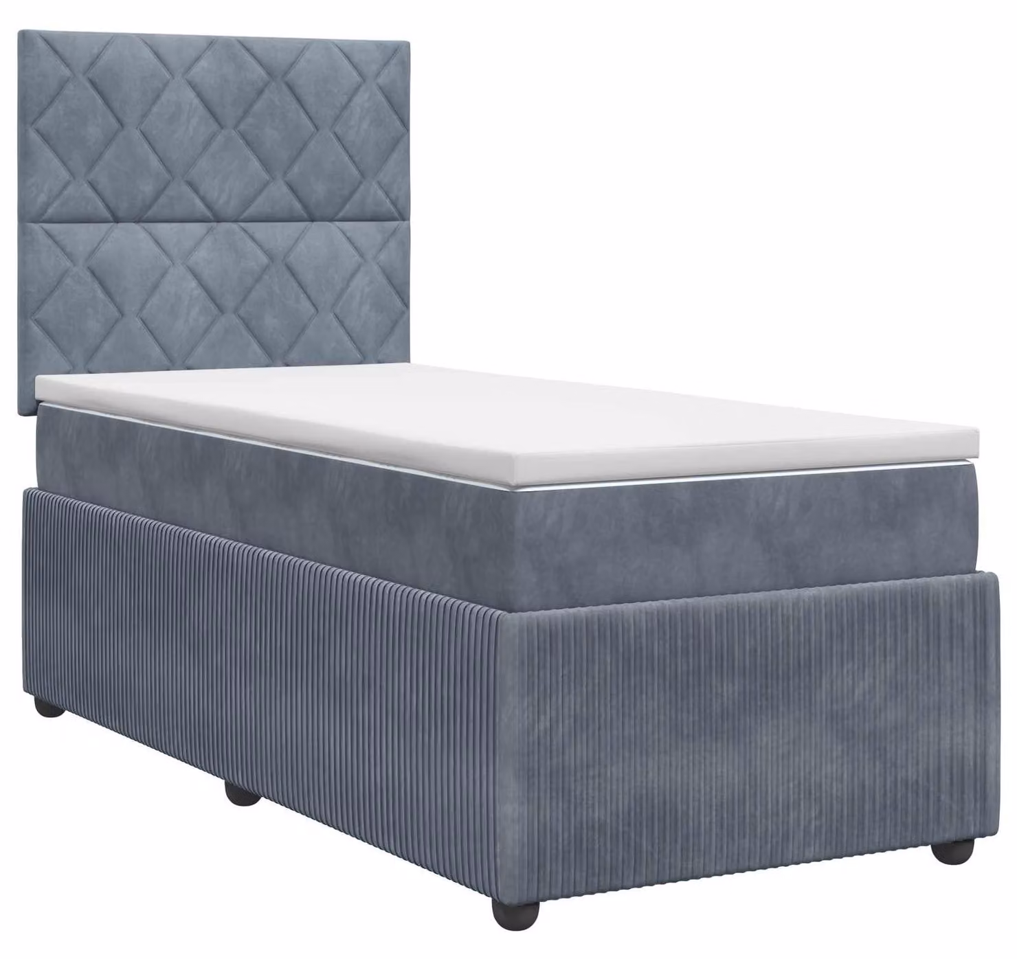 Letto con boxspring e materasso, completo di testiera, colore grigio scuro, modello singolo, rivestito in velluto